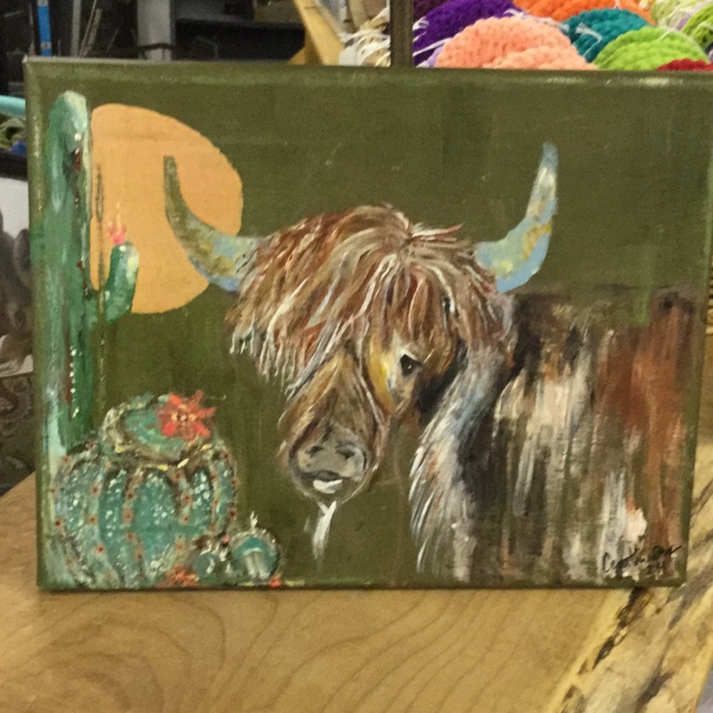 OOAK original artwork acrylic painting farmhouse cowgirl rodeo cabin shaggy cow